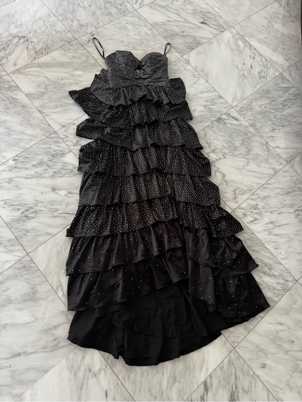 Black Tiered Ruffle Evening Dress with Subtle Sparkle